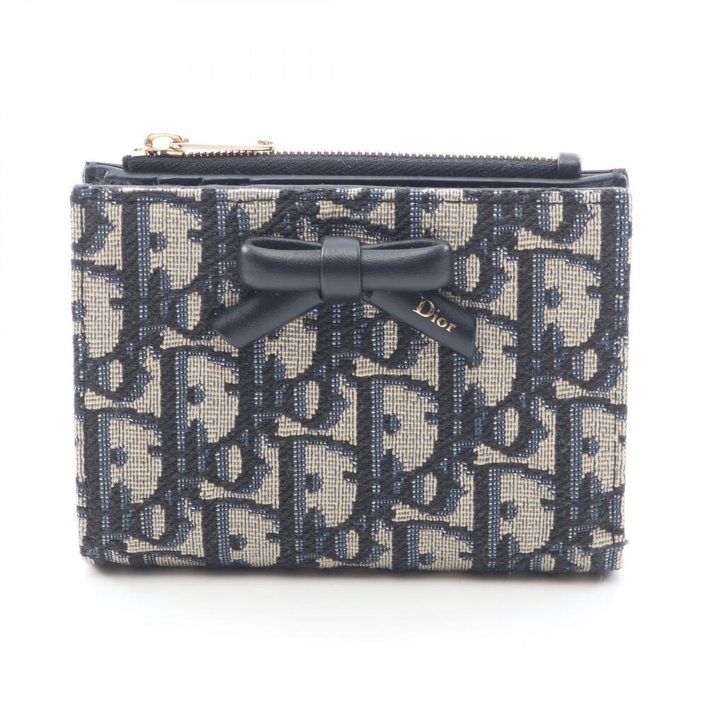 Christian Dior Oblique Bow Dahlia Bi fold Wallet Canvas Leather Beige Navy Blue